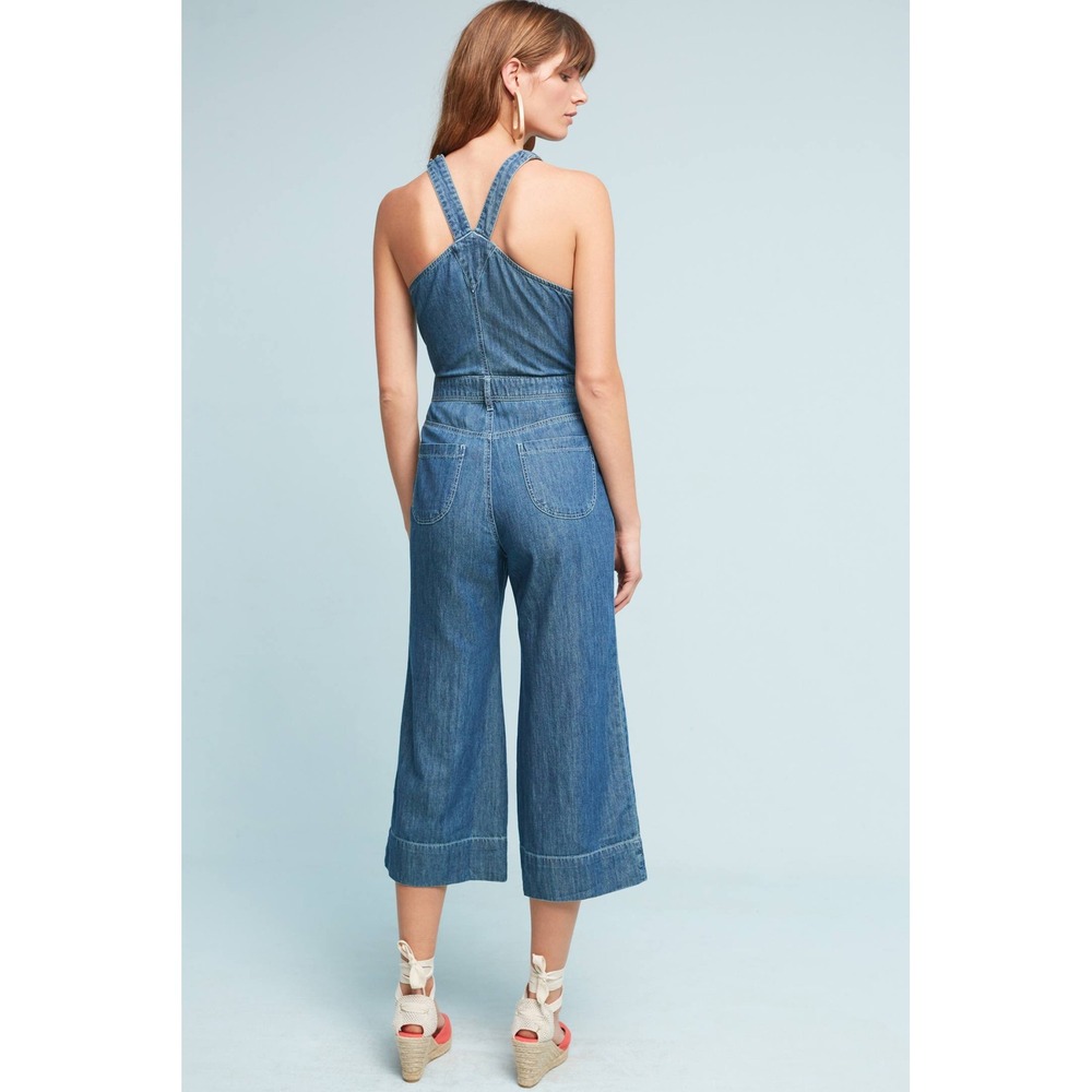 Pilcro Chambray Femme Denim Halter Wide Leg Jumpsuit Retro Blue Women Size 8 - Picture 2 of 16